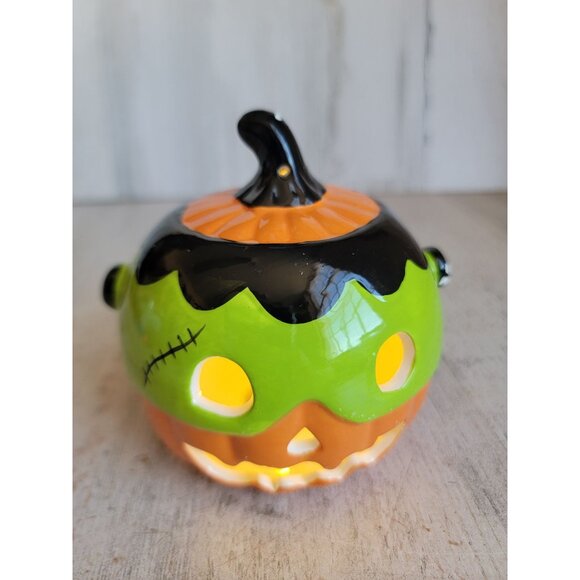 Light up AS IS Frankenstein pumpkin ceramic Halloween home decor figure - Picture 2 of 11
